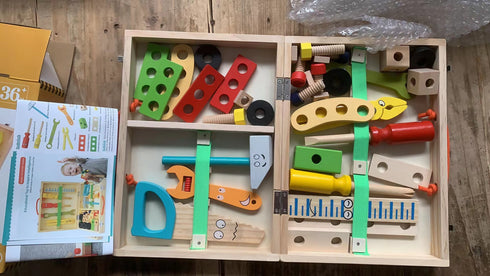 34-Piece Wooden Carpenters Toolbox Toy